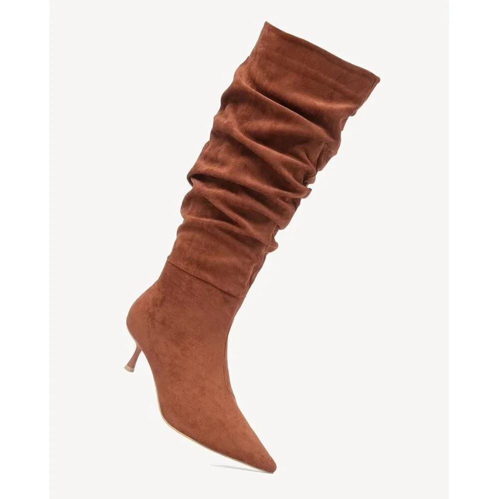 Brown Women's Slouchy Knee High Boots, Stiletto Heel, Pointed Toe, Pull-On